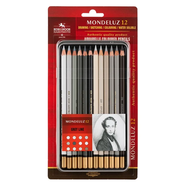 KOH-I-NOOR MONDELUZ 3722/12 - umělecké pastelky, šedá řada, v plechovém pouzdře - 12 ks