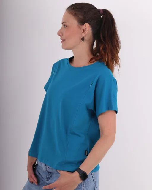Kojicí tričko se zipem Kira, oversized – tmavý tyrkys L/XL