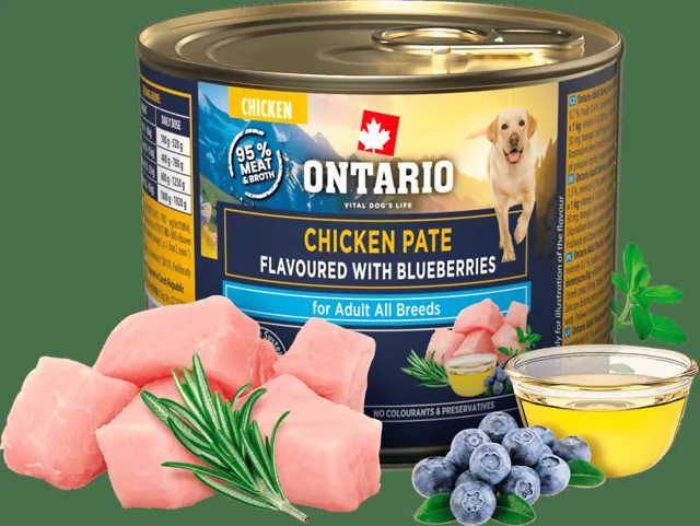 Konzerva Ontario Adult kuřecí pate s příchutí borůvek 200g