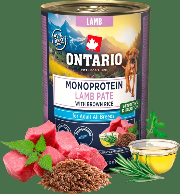 Konzerva Ontario Adult Monoprotein jehněčí pate s hnědou rýží 400g