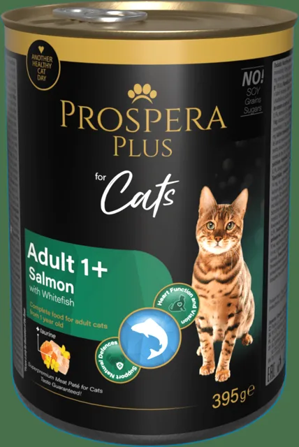 Konzerva Prospera Plus Cat Meat Paté Adult 1+ losos a bílá ryba 395g