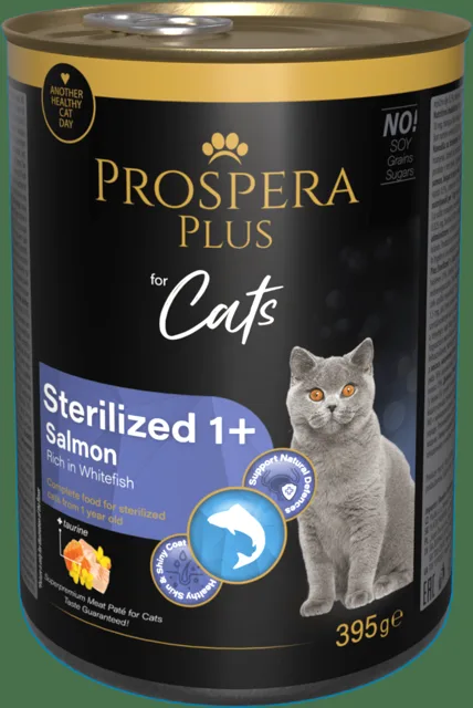 Konzerva Prospera Plus Cat Meat Paté Sterilized 1+ losos a bílá ryba 395g