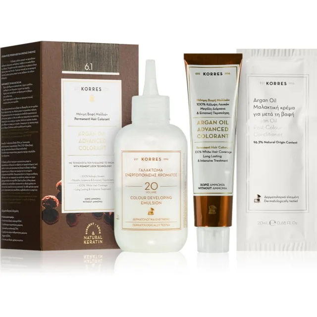Korres Argan Oil permanentní barva na vlasy s arganovým olejem odstín 6.1 Ash Dark Blonde 50 ml