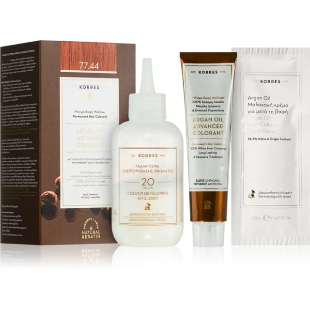 Korres Argan Oil permanentní barva na vlasy s arganovým olejem odstín 77.44 Intense Copper Blonde 50 ml