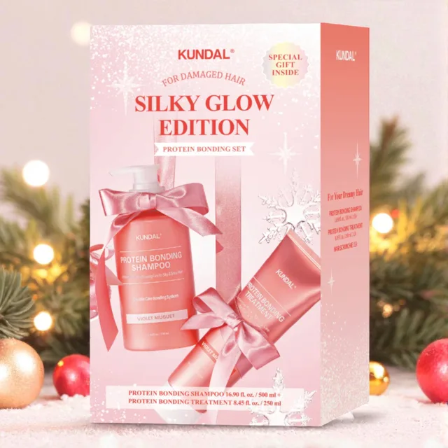 KUNDAL - Holiday Silk Glow Edition -  Shampoo + Treatment + Hair Scrunchhie - Sváteční edice Silk Glow – šampon 500 ml + kondicionér 250 ml + gumička do vlasů