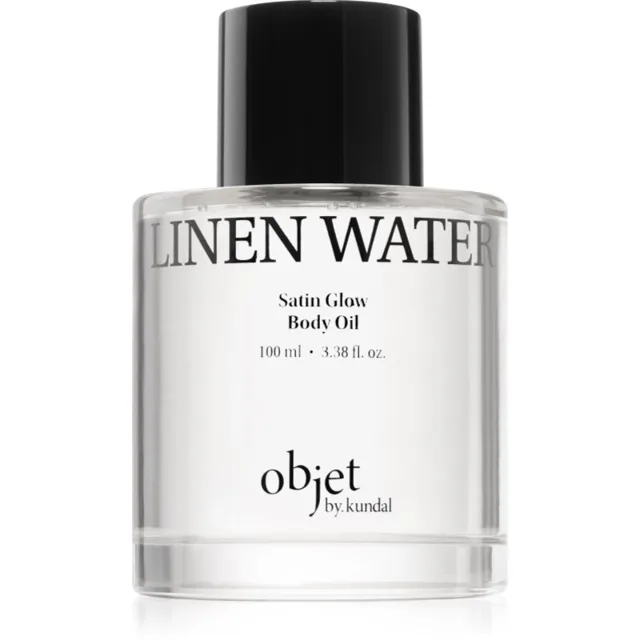 KUNDAL Objet Satin Glow Body Oil pečující tělový olej pro intenzivní hydrataci s vůní Linen Water 100 ml