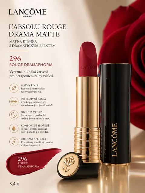 Lancôme L’Absolu Rouge Drama Matte – odstín 296 Rouge Dramaphoria 3,4g