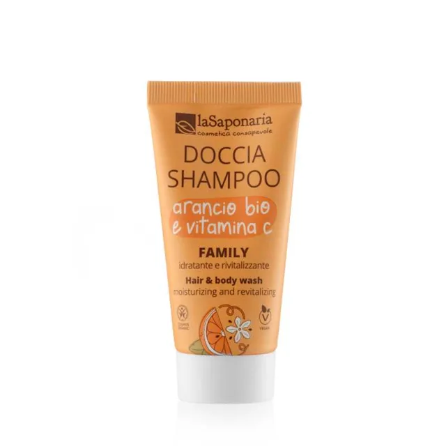 laSaponaria Sprchový gel a šampon 2v1 s BIO pomerančem a vit. C pro celou rodinu 30 ml - se sladkou a povzbuzující vůní