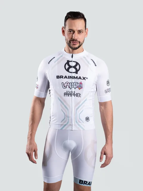 LAUF unisex cyklistický set, bílý dres a bílé kraťasy se šlemi Velikost: M