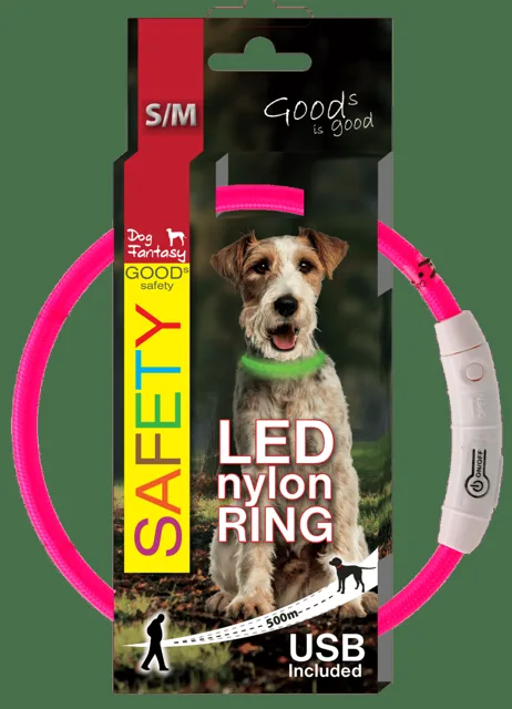 LED svítící obojek z nylonu růžový 45cm