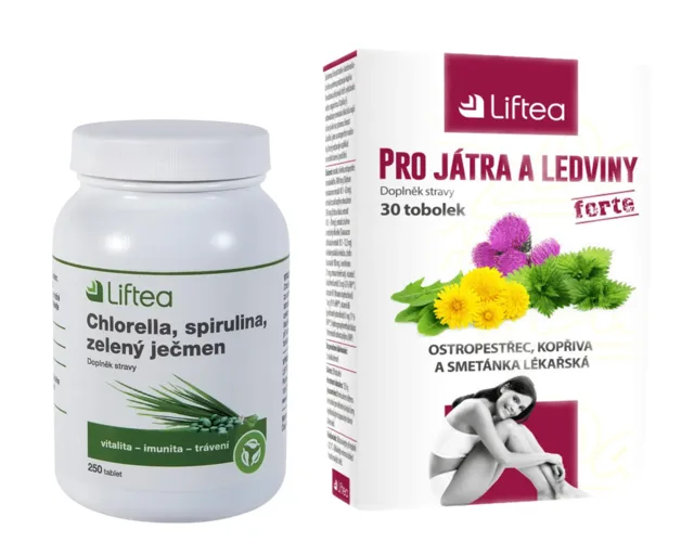 LIFTEA CHLORELLA, SPIRULINA, ZELENÝ JEČMEN 250 tablet + LIFTEA PRO JÁTRA A LEDVINY 30 tobolek