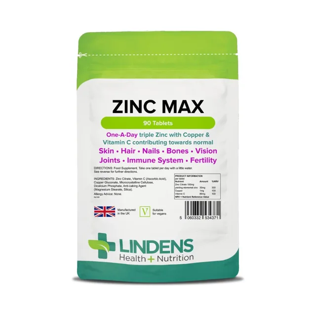 LINDENS Health + Nutrition Zinek Max (+Měď &amp; Vitamín C), 90 tablet