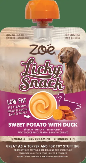 Lízací pamlsek Zoë Licky Snack s batáty a kachním masem 85 g