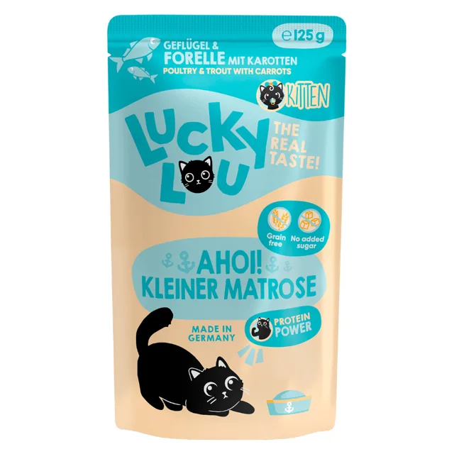 Lucky Lou Kitten 16 x 125 g - drůbež a pstruh