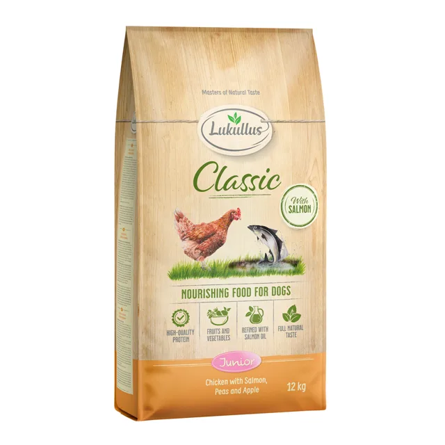 Lukullus Classic Junior kuřecí a losos - výhodné balení: 2 x 12 kg nová receptura
