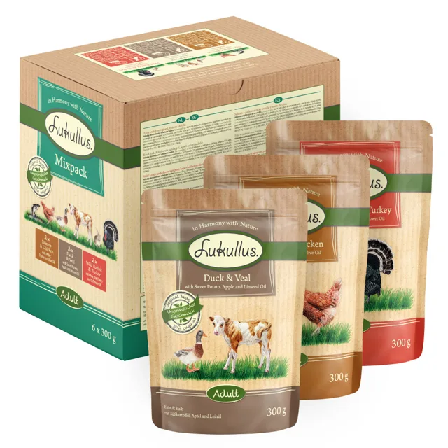 Lukullus Naturkost kapsičky 6 x 300 g Míchané balení: divoký králík & krocan / kachní & telecí / losos & kuřecí