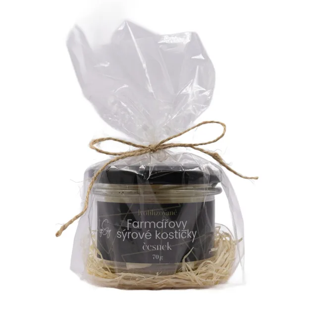 Lyopotraviny Farmářovy sýrové kostičky - česnek, 70 g, Dárkové balení