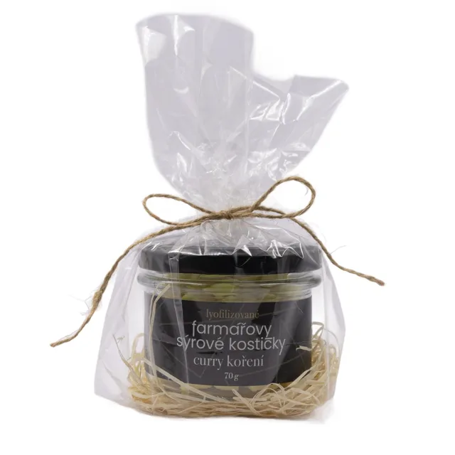 Lyopotraviny Farmářovy sýrové kostičky - curry koření, 70 g, Dárkové balení