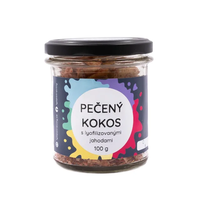 Lyopotraviny Pečený kokos s mandlemi a lyofilizovanými jahodami, 100 g, baleno ve sklenici