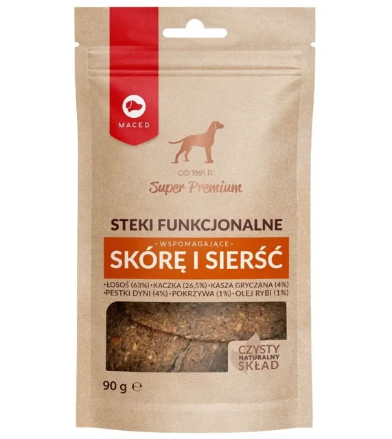 MACED Funkční steaky Losos a kachna 90g pochoutky podporující kůži a srst