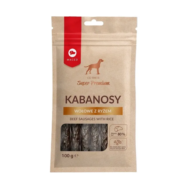 MACED Super Premium Hovězí kabanosy s rýží 100 g