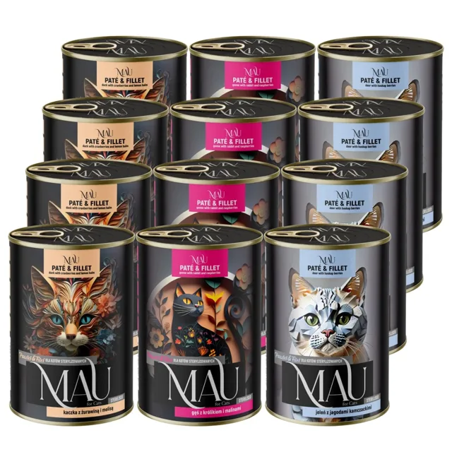 MAU Paštika a Filet Mix příchutí Kachna, husa s králíkem a jelenem 12x400 g pro kastrované kočky