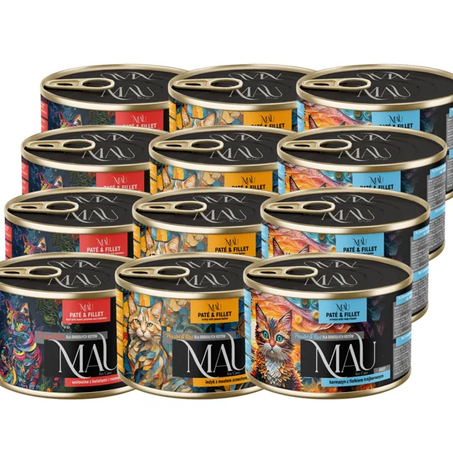 MAU Pate and Fillet Mix příchutí Hovězí, krůtí a ryba 12x185 g mokré krmivo pro kočky