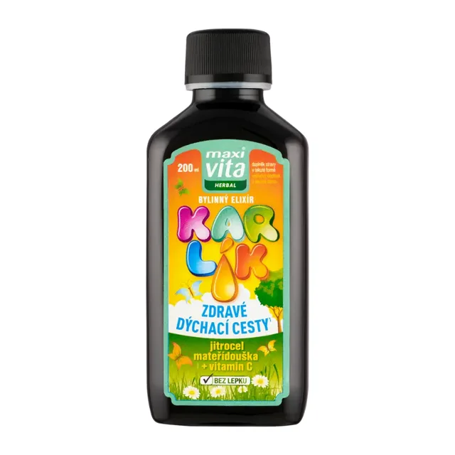 Maxi Vita Bylinný elixír Herbal Karlík zdravé dýchací cesty jitrocel, mateřídouška+vitamin C, doplněk stravy 200 ml