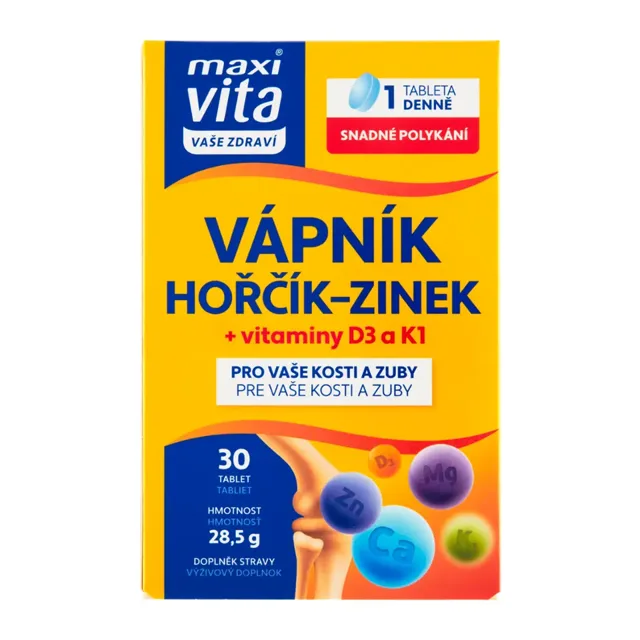 Maxi Vita Vápník-hořčík-zinek + vitaminy D3 a K1, doplněk stravy 30 ks