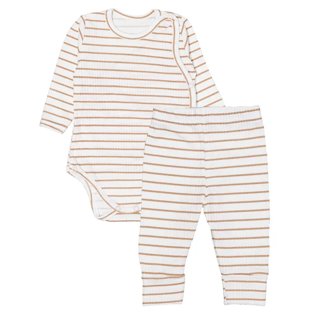 MBaby Zavinovací žebrované body + tepláčky, 2D sada Proužek, béžové, vel. 68