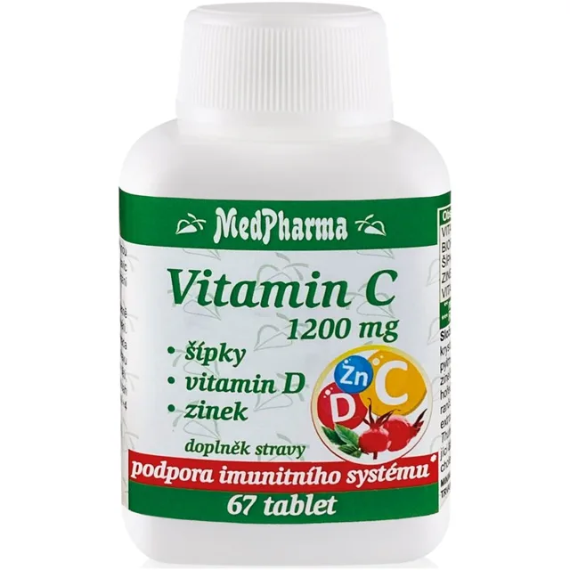 MedPharma Vitamin C 1200mg + šípky, vitamin D, zinek tablety pro podporu imunitního systému, krásnou pleť, nehty a normální stav zubů 67 tbl