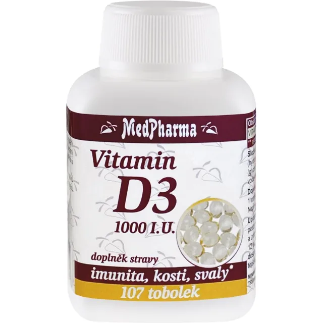 MedPharma Vitamín D3 1000 I.U. tobolky pro normální funkci imunitního systému, stav kostí, zubů a činnost svalů 107 cps