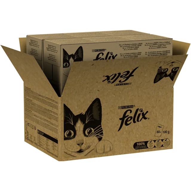 Mega balení Felix Classic kapsičky 80 x 85 g - tuňák a treska, garnát a platýs, kuře a ledviny, kachna a jehněčí