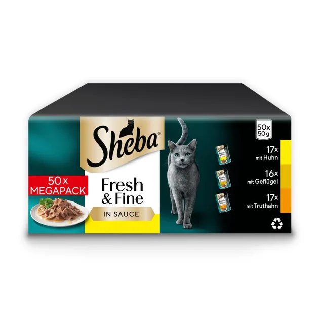 Megabalení Sheba Fresh & Fine čerstvé kapsičky 50 ks (50 x 50 g) - s kuřecím, hovězím a kachním v omáčce