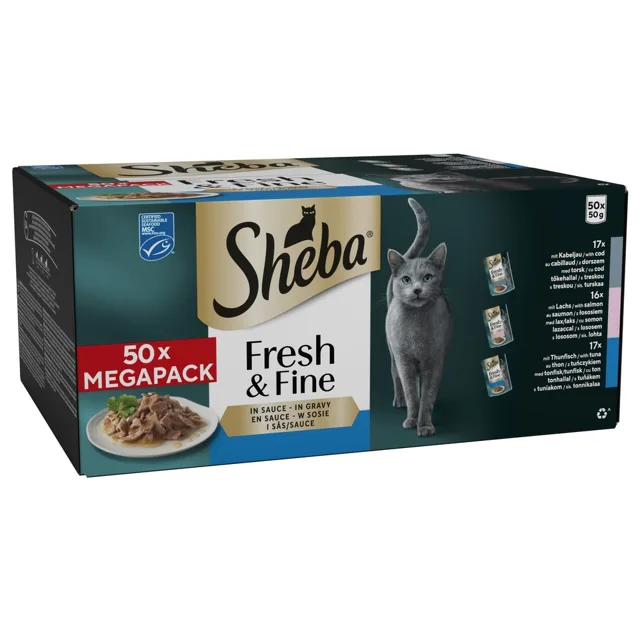 Megabalení Sheba Fresh & Fine čerstvé kapsičky 50 ks (50 x 50 g) - s treskou, lososem a tuňákem v omáčce