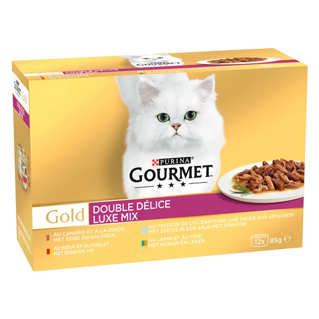 Megapack Gourmet Gold DUO Delice kapsičky 24 x 85 g - kachna a krůta, hovězí a kuře, mořské ryby, králík a játra