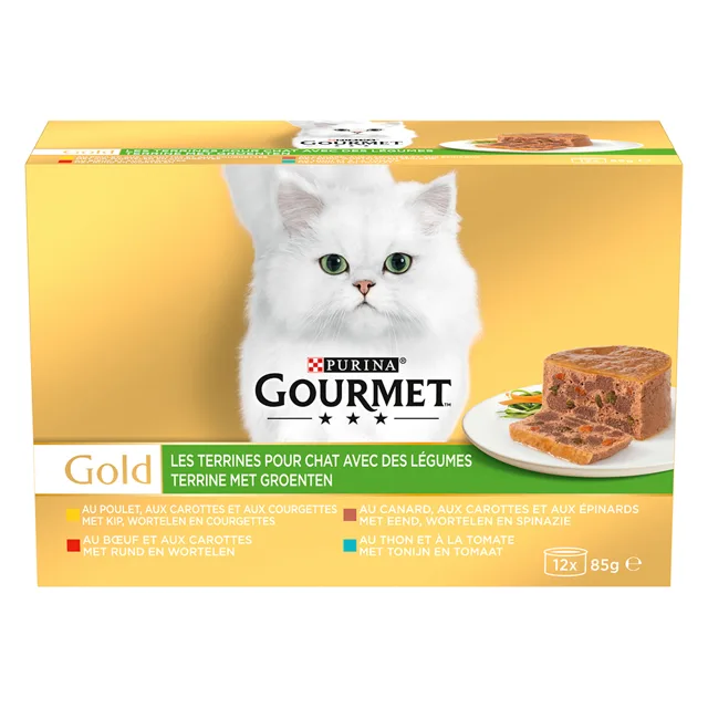Megapack Gourmet Gold konzervy paštika 24 x 85 g - kuře a cuketa,hovězí a mrkev,kachna a špenát,tuňák a rajčata