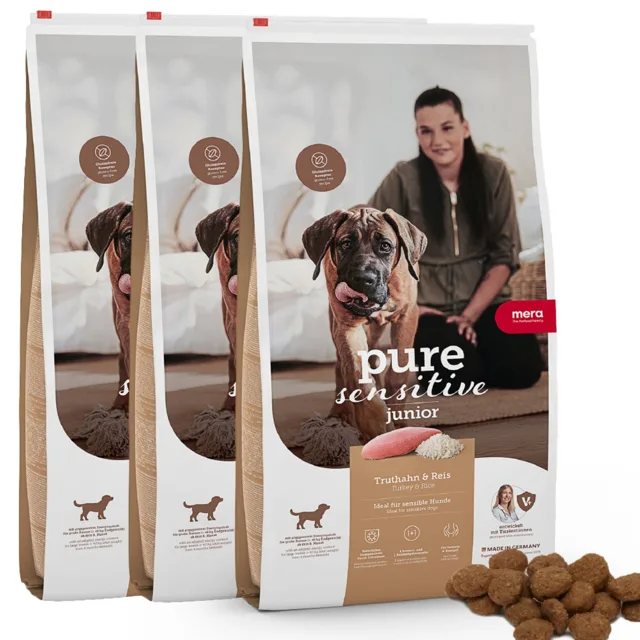 MERA Dog Pure Sensitive Junior Turkey Rice 3x4 kg krůta s rýží, suché krmivo pro citlivá štěňata