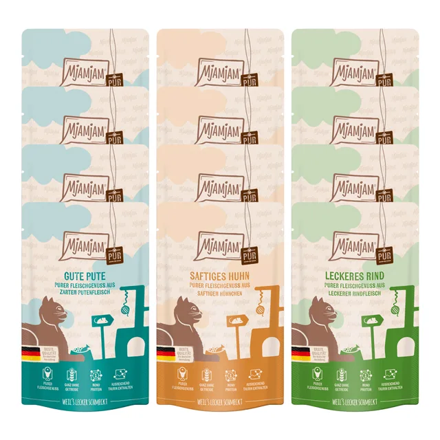 Míchané balení MjAMjAM čistý masový požitek 12 × 125 g - mix (3 druhy)