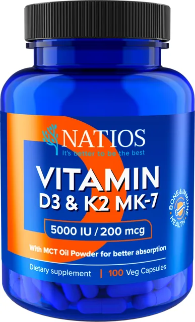 Natios Vitamin D3 & K2 (MenaQ7 MK-7) 5000 IU & 200 mcg 100 kapslí
