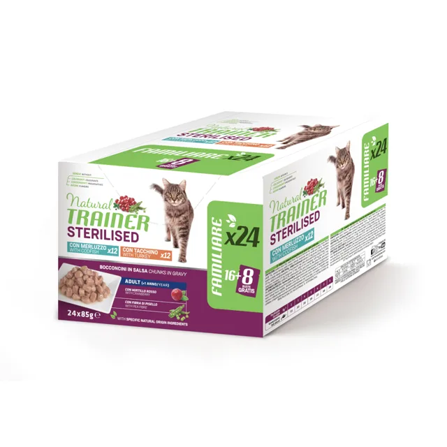 Natural Trainer Adult Sterilised - 24 x 85 g míchané balení: Krůtí a treska
