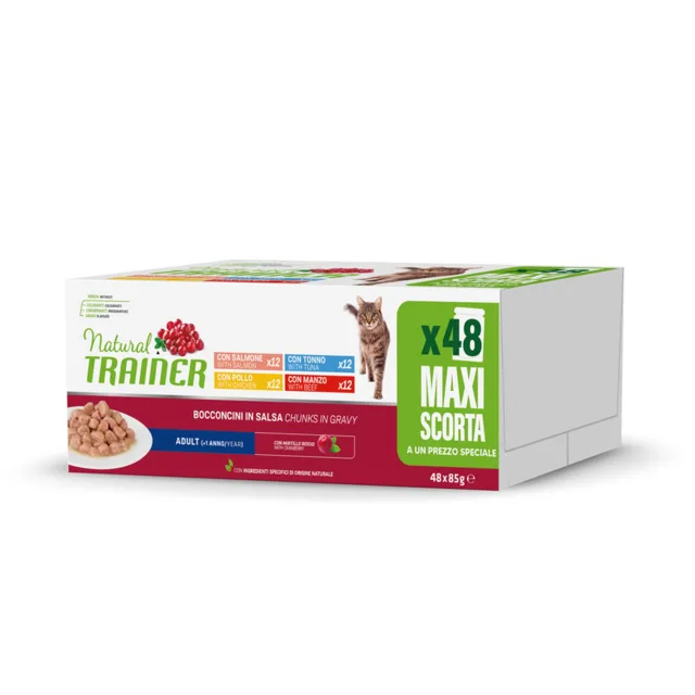 Natural Trainer Bocconcini Adult - 48 x 85 g míchané balení (hovězí, kuřecí, losos, tuňák)