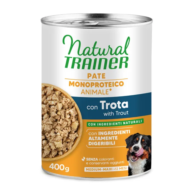 Natural Trainer Pate Monoproteico Medium & Maxi Adult 24 x 400 g - pstruh a celozrnné obiloviny