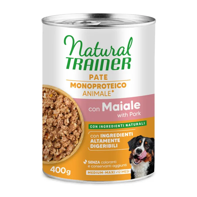 Natural Trainer Pate Monoproteico Medium & Maxi Adult 24 x 400 g - vepřové a celozrnné obiloviny