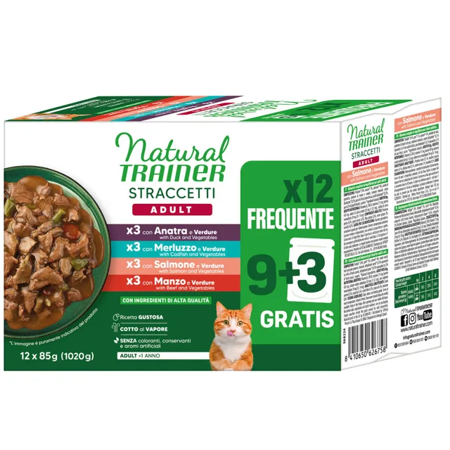 Natural Trainer Straccetti plátky v omáčce 12 ks (12 x 85 g) - míchané balení (kachna, treska, losos, hovězí)