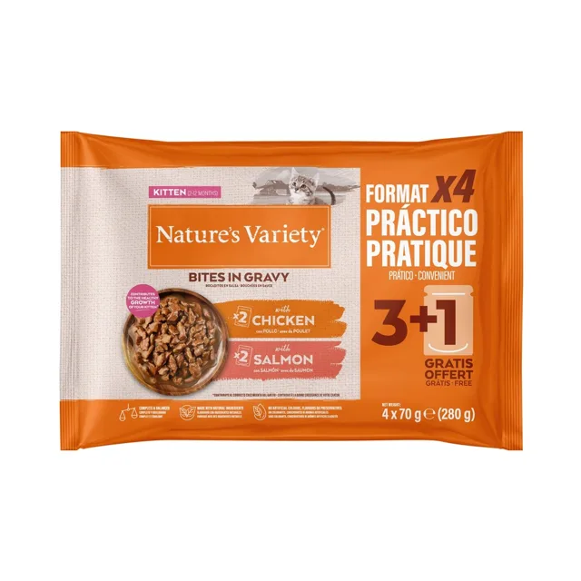 Nature's Variety Kitten Bites in Sauce 44 x 70 g - výhodné balení - s kuřecím a lososem