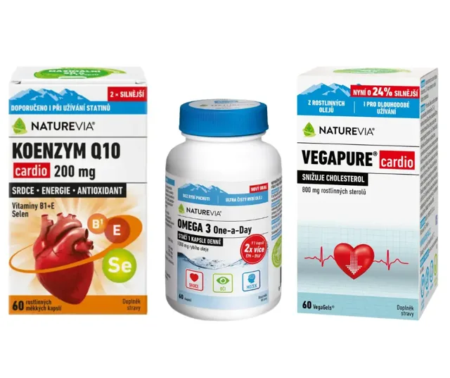 NatureVia Koenzym Q10 cardio 200mg 60 kapslí + Vegapure cardio 60 kapslí + Omega 3 One a Day 60 kapslí