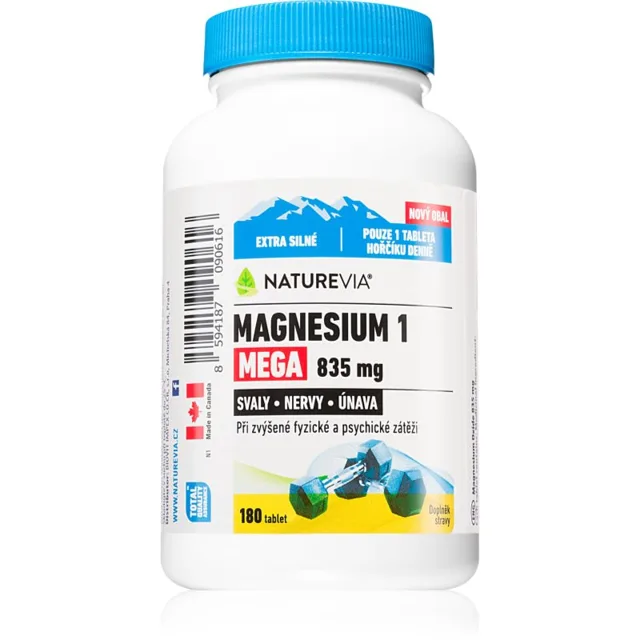 NatureVia Magnesium 1 Mega 835mg tablety pro podporu normální činnosti nervové soustavy, svalů, zubů a snížení míry únavy 180 tbl