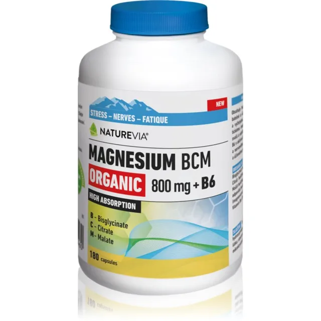 NatureVia Magnesium BCM 800 mg + B6 kapsle pro snížení únavy, kvalitní spánek a elektrolytickou rovnováhu 180 cps