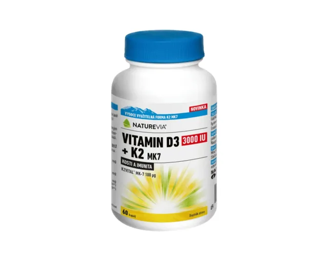 NatureVia Vitamin D3 3000IU + K2 MK7 60 kapslí